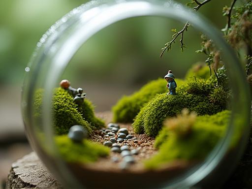 A detailed, custom-built terrarium with tiny figurines and mossy hills.